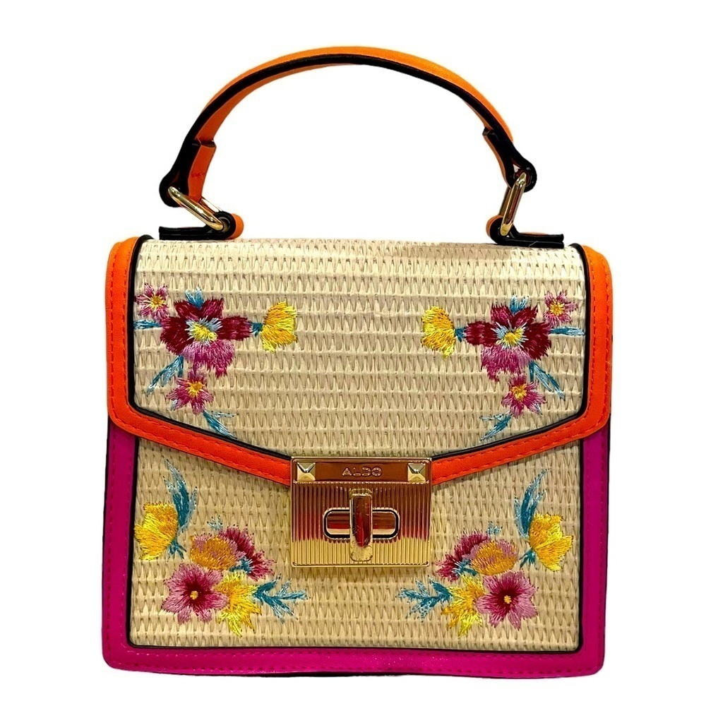NWT, Aldo Straw/Leather Flowered Handbag with Gold Clasp and Handle